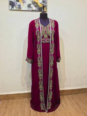 Maroon color Full Sleeves Handmade Two Piece Jacket Style Moroccan Kaftan 1
