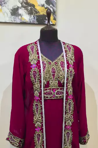 Maroon color Full Sleeves Handmade Two Piece Jacket Style Moroccan Kaftan