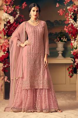 Pink Embroidered Net Semi Stitched Straight Palazzo Suit. Up To 42" Size 1