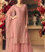 Pink Embroidered Net Semi Stitched Straight Palazzo Suit. Up To 42" Size