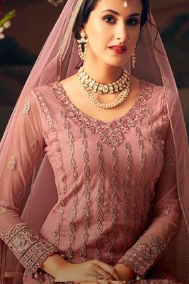Pink Embroidered Net Semi Stitched Straight Palazzo Suit. Up To 42" Size 2