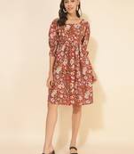 Janasya women's black cotton striped flared dress