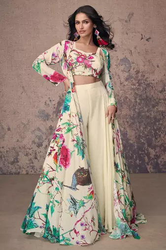 White Embroidered Crepe Silk Free Size Stitched Palazzo Suit. (Size Upto 42) Up To 42" Size