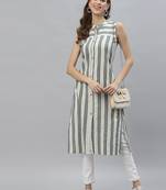 Women's Self Woven Striped Cotton Blend Straight Kurta