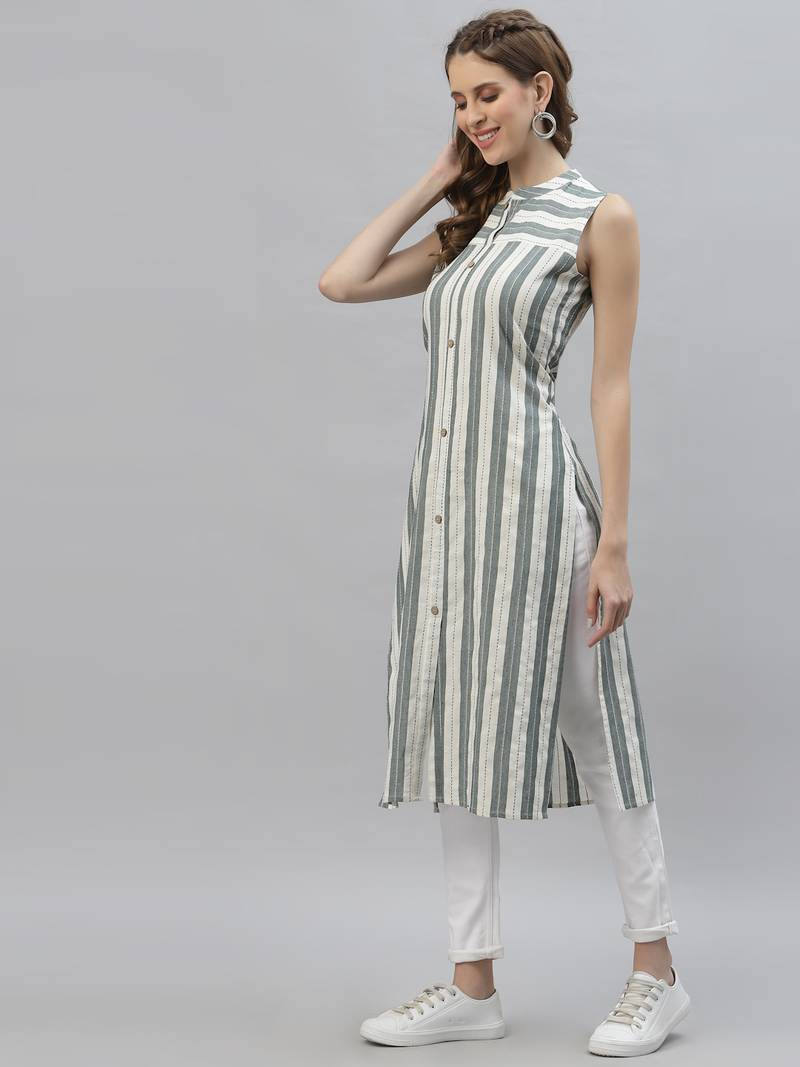 Women's Self Woven Striped Cotton Blend Straight Kurta