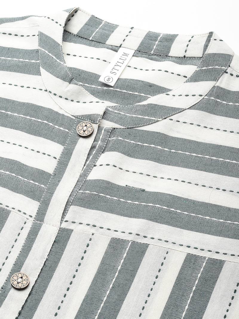 Women's Self Woven Striped Cotton Blend Straight Kurta