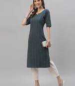 Women's Self Woven Striped Cotton Blend Straight Kurta