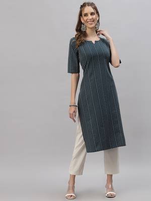 Women's Self Woven Striped Cotton Blend Straight Kurta 2
