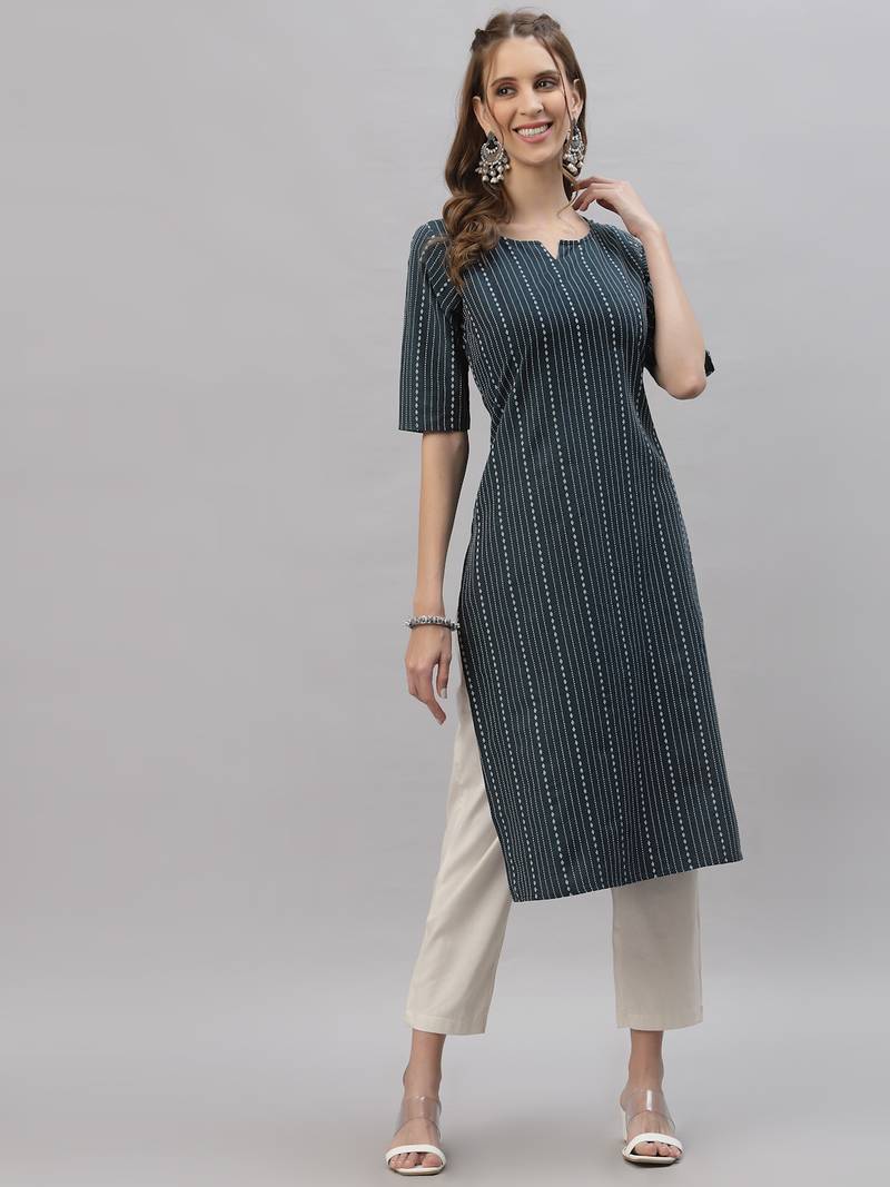 Women's Self Woven Striped Cotton Blend Straight Kurta