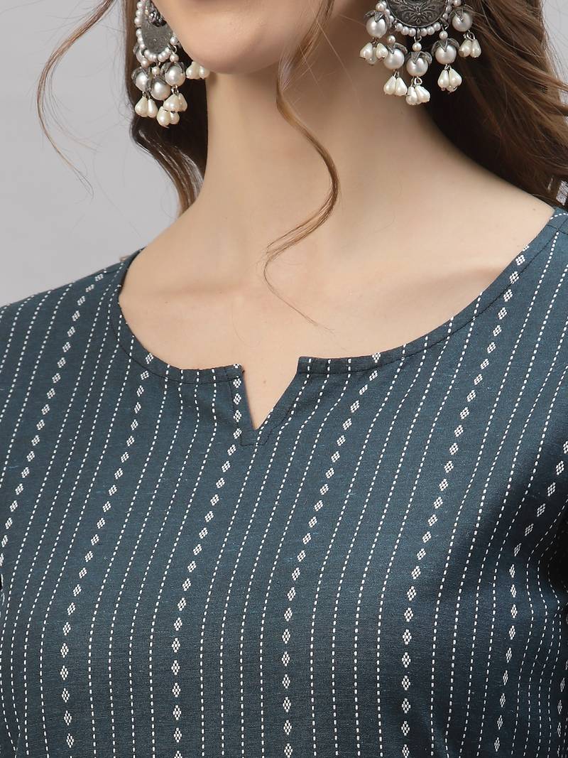 Women's Self Woven Striped Cotton Blend Straight Kurta