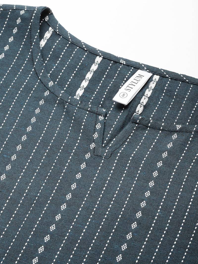 Women's Self Woven Striped Cotton Blend Straight Kurta