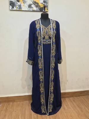 Navy Blue color Full Sleeves Handmade Two Piece Jacket Style Moroccan Kaftan 1