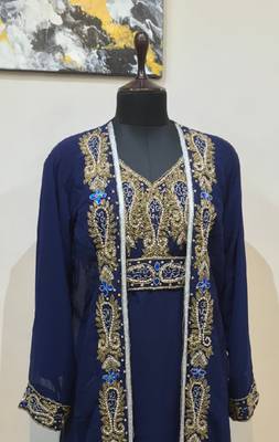 Navy Blue color Full Sleeves Handmade Two Piece Jacket Style Moroccan Kaftan 2
