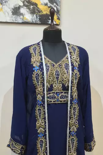 Navy Blue color Full Sleeves Handmade Two Piece Jacket Style Moroccan Kaftan