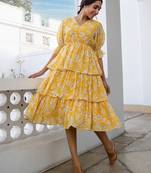 Janasya women's yellow georgette floral layered dress