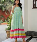 Janasya women's blue cotton floral fit & flare dress