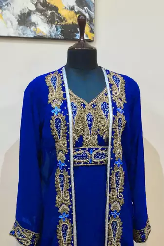 Royal Blue color Full Sleeves Handmade Two Piece Jacket Style Moroccan Kaftan