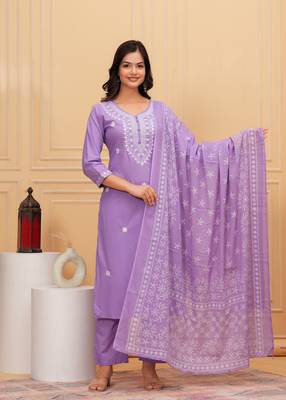 Purple embroidered cotton suit set with printed mulmul dupatta 1
