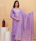 Purple embroidered cotton suit set with printed mulmul dupatta