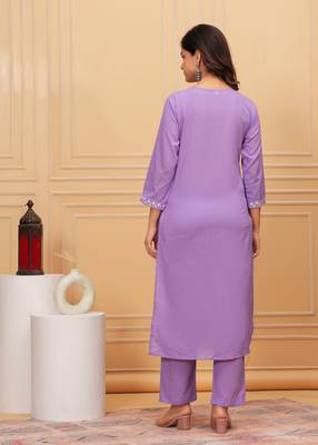 Purple embroidered cotton suit set with printed mulmul dupatta 2