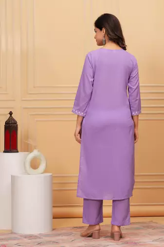 Purple embroidered cotton suit set with printed mulmul dupatta