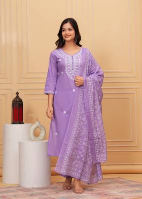 Purple embroidered cotton suit set with printed mulmul dupatta 3