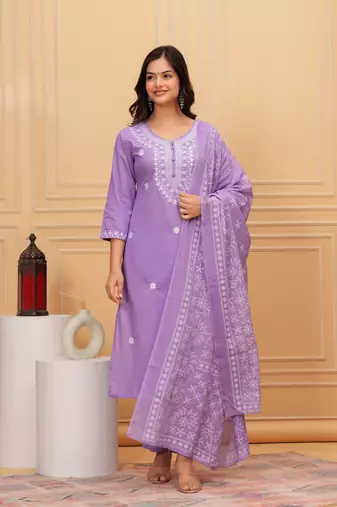 Purple embroidered cotton suit set with printed mulmul dupatta