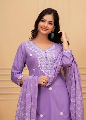 Purple embroidered cotton suit set with printed mulmul dupatta 4