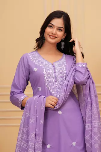 Purple embroidered cotton suit set with printed mulmul dupatta