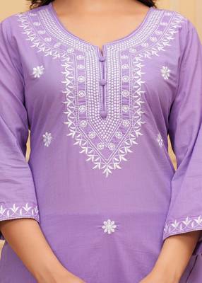 Purple embroidered cotton suit set with printed mulmul dupatta 5