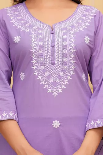 Purple embroidered cotton suit set with printed mulmul dupatta
