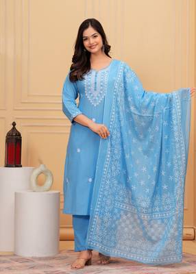 Blue embroidered cotton suit set with printed mulmul dupatta 1