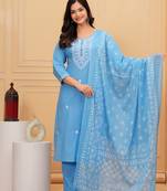 Blue embroidered cotton suit set with printed mulmul dupatta