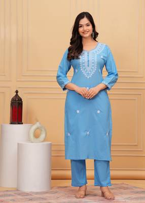 Blue embroidered cotton suit set with printed mulmul dupatta 2