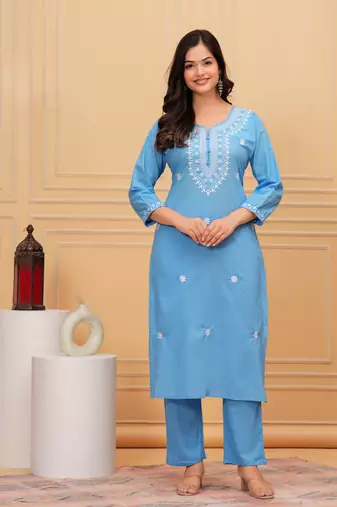 Blue embroidered cotton suit set with printed mulmul dupatta