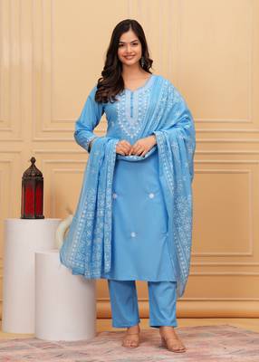 Blue embroidered cotton suit set with printed mulmul dupatta 3