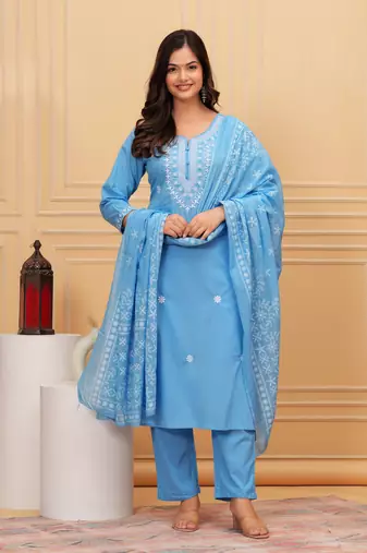Blue embroidered cotton suit set with printed mulmul dupatta
