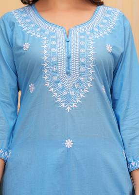 Blue embroidered cotton suit set with printed mulmul dupatta 4