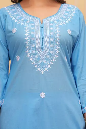 Blue embroidered cotton suit set with printed mulmul dupatta