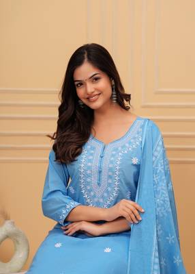 Blue embroidered cotton suit set with printed mulmul dupatta 5