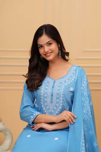 Blue embroidered cotton suit set with printed mulmul dupatta