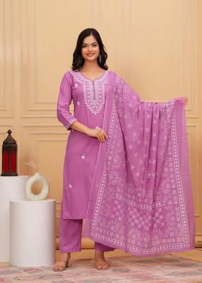 Lavender embroidered cotton suit set with printed mulmul dupatta 1