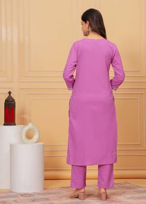 Lavender embroidered cotton suit set with printed mulmul dupatta 2