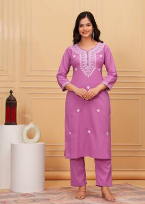 Lavender embroidered cotton suit set with printed mulmul dupatta 3