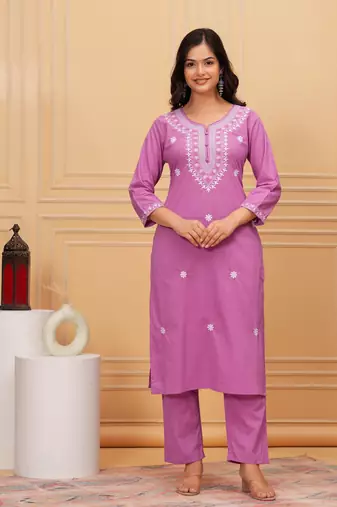 Lavender embroidered cotton suit set with printed mulmul dupatta