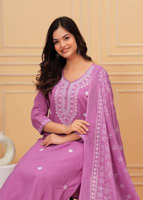 Lavender embroidered cotton suit set with printed mulmul dupatta 4