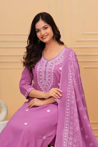 Lavender embroidered cotton suit set with printed mulmul dupatta