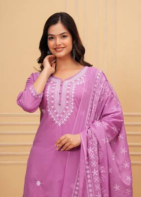 Lavender embroidered cotton suit set with printed mulmul dupatta 5