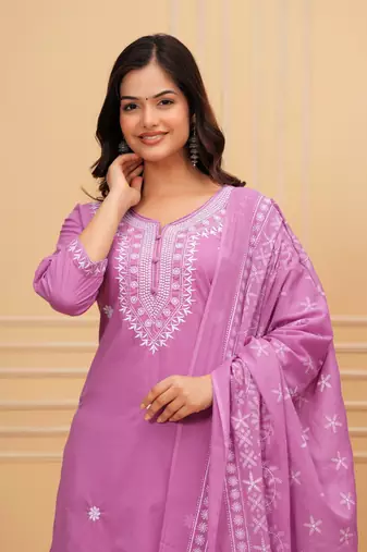 Lavender embroidered cotton suit set with printed mulmul dupatta