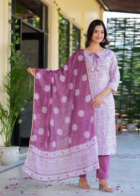 Dusky purple printed cotton suit set with mulmul dupatta 1